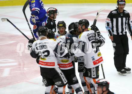 EBEL. Eishockey Bundesliga. EC VSV gegen DEC Dornbirn Bulldogs. Torjubel Dornbirn. Villach, am 23.9.2018.
Foto: Kuess 


---
pressefotos, pressefotografie, kuess, qs, qspictures, sport, bild, bilder, bilddatenbank