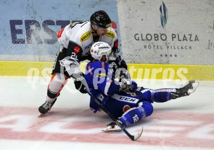 EBEL. Eishockey Bundesliga. EC VSV gegen DEC Dornbirn Bulldogs. Nikolas Petrik, (VSV), Juuso Eemeli Pulli  (Dornbirn). Villach, am 23.9.2018.
Foto: Kuess 


---
pressefotos, pressefotografie, kuess, qs, qspictures, sport, bild, bilder, bilddatenbank