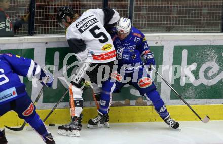 EBEL. Eishockey Bundesliga. EC VSV gegen DEC Dornbirn Bulldogs. Benjamin Lanzinger, (VSV),  Reid Colin McNeill  (Dornbirn). Villach, am 23.9.2018.
Foto: Kuess 


---
pressefotos, pressefotografie, kuess, qs, qspictures, sport, bild, bilder, bilddatenbank