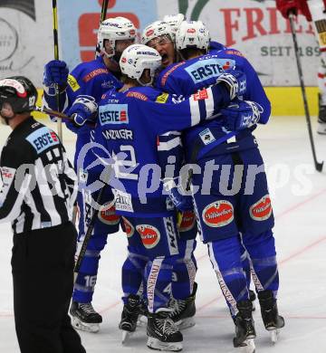 EBEL. Eishockey Bundesliga. EC VSV gegen HCB Suedtirol Alperia. Torjubel Stefan Bacher, Benjamin Lanzinger, MacGregor Sharp, Brandon Alderson,  (VSV). Villach, am 28.9.2018.
Foto: Kuess 


---
pressefotos, pressefotografie, kuess, qs, qspictures, sport, bild, bilder, bilddatenbank