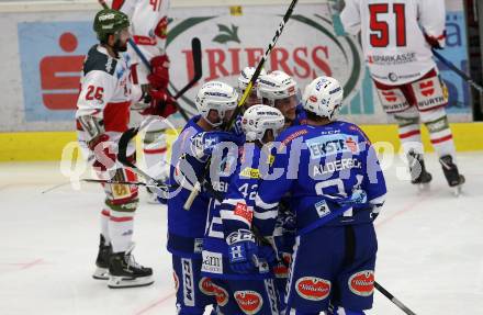 EBEL. Eishockey Bundesliga. EC VSV gegen HCB Suedtirol Alperia. Torjubel Stefan Bacher, Benjamin Lanzinger, MacGregor Sharp, Brandon Alderson,  (VSV). Villach, am 28.9.2018.
Foto: Kuess 


---
pressefotos, pressefotografie, kuess, qs, qspictures, sport, bild, bilder, bilddatenbank