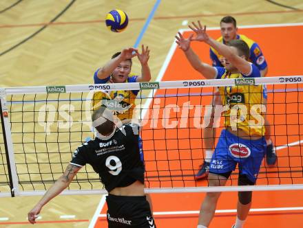 Volleyball. DenizBank AG Volley League Men. SK Posojilnica Aich/Dob gegen SG Union Raiffeisen Waldviertel. Marrkus Keel, Nicolai Grabmueller,  (Aich/Dob), Rudinei Boff (Waldviertel). Bleiburg, am 29.9.2018.
Foto: Kuess
---
pressefotos, pressefotografie, kuess, qs, qspictures, sport, bild, bilder, bilddatenbank