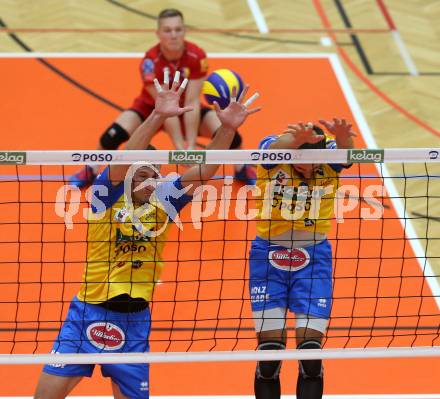 Volleyball. DenizBank AG Volley League Men. SK Posojilnica Aich/Dob gegen SG Union Raiffeisen Waldviertel. Michal Hruska, Maximilian Landfahrer (Aich/Dob). Bleiburg, am 29.9.2018.
Foto: Kuess
---
pressefotos, pressefotografie, kuess, qs, qspictures, sport, bild, bilder, bilddatenbank