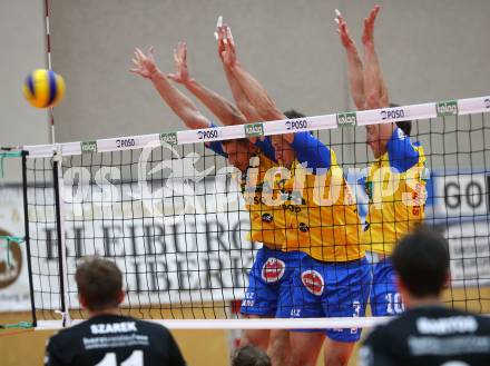 Volleyball. DenizBank AG Volley League Men. SK Posojilnica Aich/Dob gegen SG Union Raiffeisen Waldviertel. Matej Mihajlovic, Michal Hruska, Nejc Pusnik (Aich/Dob). Bleiburg, am 29.9.2018.
Foto: Kuess
---
pressefotos, pressefotografie, kuess, qs, qspictures, sport, bild, bilder, bilddatenbank