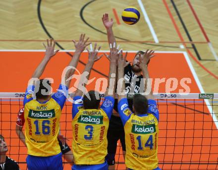 Volleyball. DenizBank AG Volley League Men. SK Posojilnica Aich/Dob gegen SG Union Raiffeisen Waldviertel.  Matej Koek, Michal Hruska, Matej Mihajlovic,  (Aich/Dob), Lars Bornemann (Waldviertel). Bleiburg, am 29.9.2018.
Foto: Kuess
---
pressefotos, pressefotografie, kuess, qs, qspictures, sport, bild, bilder, bilddatenbank