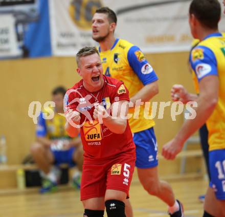 Volleyball. DenizBank AG Volley League Men. SK Posojilnica Aich/Dob gegen SG Union Raiffeisen Waldviertel. Jubel Manuel Steiner (Aich/Dob). Bleiburg, am 29.9.2018.
Foto: Kuess
---
pressefotos, pressefotografie, kuess, qs, qspictures, sport, bild, bilder, bilddatenbank