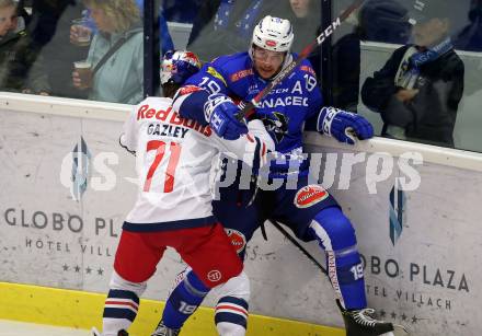 EBEL. Eishockey Bundesliga. EC VSV gegen EC Red Bull Salzburg. Stefan Bacher (VSV), Gazley Dustin (Salzburg). Villach, am 5.10.2018.
Foto: Kuess 


---
pressefotos, pressefotografie, kuess, qs, qspictures, sport, bild, bilder, bilddatenbank