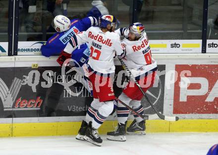 EBEL. Eishockey Bundesliga. EC VSV gegen EC Red Bull Salzburg. Blaine Down,  (VSV), Harris Brant, Baltram Florian (Salzburg). Villach, am 5.10.2018.
Foto: Kuess 


---
pressefotos, pressefotografie, kuess, qs, qspictures, sport, bild, bilder, bilddatenbank