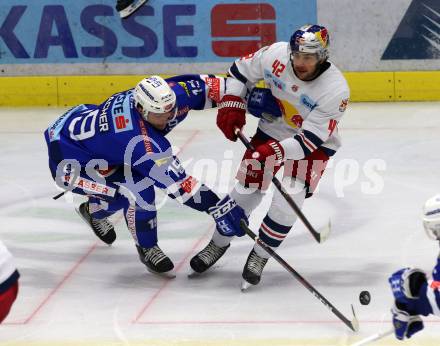 EBEL. Eishockey Bundesliga. EC VSV gegen EC Red Bull Salzburg. Stefan Bacher, (VSV),  Layne Viveiros (Salzburg). Villach, am 5.10.2018.
Foto: Kuess 


---
pressefotos, pressefotografie, kuess, qs, qspictures, sport, bild, bilder, bilddatenbank