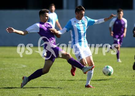 Fussball 1. KLasse C. SK Austria Klagenfurt Amateure gegen Launsdorf. Aleksandar Dokic (Klagenfurt), Michael Wolfgang Hoefferer (Launsdorf). Klagenfurt, am 30.9.2018.
Foto: Kuess
---
pressefotos, pressefotografie, kuess, qs, qspictures, sport, bild, bilder, bilddatenbank