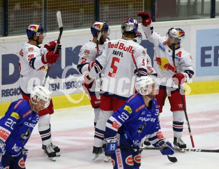 EBEL. Eishockey Bundesliga. EC VSV gegen EC Red Bull Salzburg. Torjubel John Hughes, Thomas Raffl, Dominique Heinrich, Ryan Duncan (Salzburg). Villach, am 5.10.2018.
Foto: Kuess 


---
pressefotos, pressefotografie, kuess, qs, qspictures, sport, bild, bilder, bilddatenbank