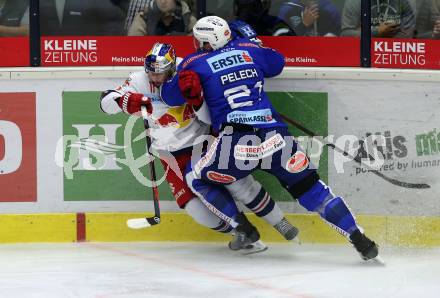 EBEL. Eishockey Bundesliga. EC VSV gegen EC Red Bull Salzburg. Pelech Matthew (VSV), Jakubitzka Daniel (Salzburg). Villach, am 5.10.2018.
Foto: Kuess 


---
pressefotos, pressefotografie, kuess, qs, qspictures, sport, bild, bilder, bilddatenbank