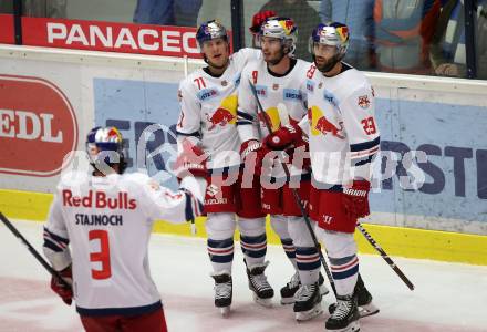 EBEL. Eishockey Bundesliga. EC VSV gegen EC Red Bull Salzburg. Torjubel Dustin Gazley, Martin Stajnoch, Alexander Rauchenwald, Brant Harris (Salzburg). Villach, am 5.10.2018.
Foto: Kuess 


---
pressefotos, pressefotografie, kuess, qs, qspictures, sport, bild, bilder, bilddatenbank