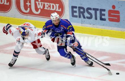 EBEL. Eishockey Bundesliga. EC VSV gegen EC Red Bull Salzburg. Nico Brunner (VSV), Hochkofler Peter (Salzburg). Villach, am 5.10.2018.
Foto: Kuess 


---
pressefotos, pressefotografie, kuess, qs, qspictures, sport, bild, bilder, bilddatenbank