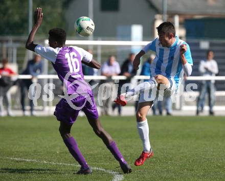 Fussball 1. KLasse C. SK Austria Klagenfurt Amateure gegen Launsdorf. Mersei Dieu Nsandi (Klagenfurt), Michael Wolfgang Hoefferer (Launsdorf). Klagenfurt, am 30.9.2018.
Foto: Kuess
---
pressefotos, pressefotografie, kuess, qs, qspictures, sport, bild, bilder, bilddatenbank