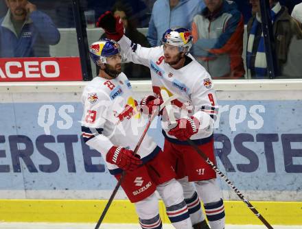 EBEL. Eishockey Bundesliga. EC VSV gegen EC Red Bull Salzburg. Torjubel Alexander Rauchenwald, Brant Harris (Salzburg). Villach, am 5.10.2018.
Foto: Kuess 


---
pressefotos, pressefotografie, kuess, qs, qspictures, sport, bild, bilder, bilddatenbank