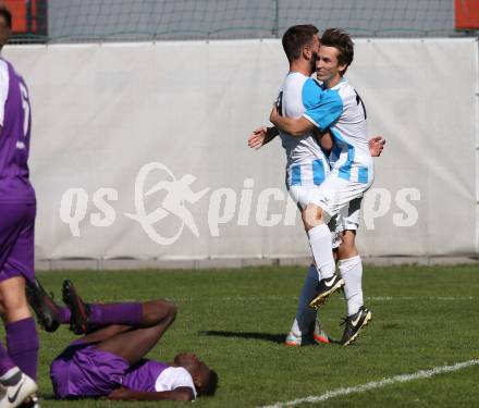 Fussball 1. KLasse C. SK Austria Klagenfurt Amateure gegen Launsdorf. Torjubel Marco Lukas Oraze , Raphael Krapesch (Launsdorf). Klagenfurt, am 30.9.2018.
Foto: Kuess
---
pressefotos, pressefotografie, kuess, qs, qspictures, sport, bild, bilder, bilddatenbank