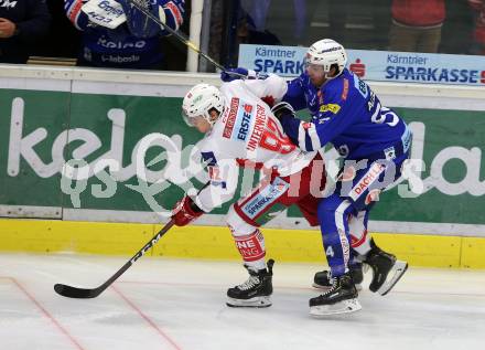 EBEL. Eishockey Bundesliga. EC VSV gegen KAC. Brandon Alderson, (VSV), Clemens Unterweger  (KAC). Villach, am 7.10.2018.
Foto: Kuess 


---
pressefotos, pressefotografie, kuess, qs, qspictures, sport, bild, bilder, bilddatenbank