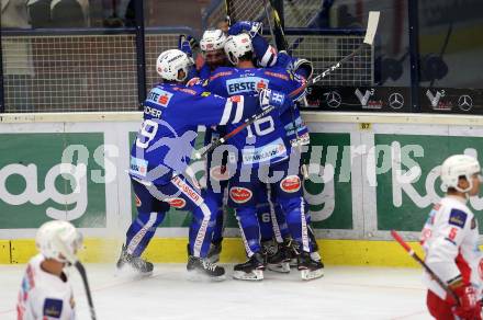 EBEL. Eishockey Bundesliga. EC VSV gegen KAC. Torjubel  Stefan Bacher, MacGregor Sharp, Jason Desantis, Patrick Spannring (VSV). Villach, am 7.10.2018.
Foto: Kuess 


---
pressefotos, pressefotografie, kuess, qs, qspictures, sport, bild, bilder, bilddatenbank