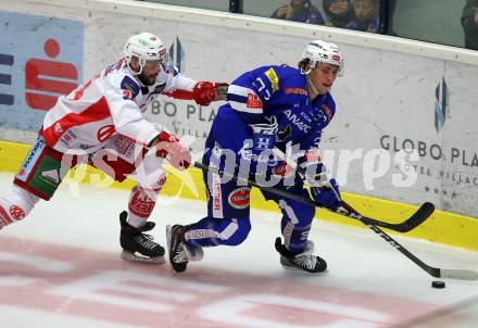 EBEL. Eishockey Bundesliga. EC VSV gegen KAC. Christof Kromp,  (VSV), Steven Strong (KAC). Villach, am 7.10.2018.
Foto: Kuess 


---
pressefotos, pressefotografie, kuess, qs, qspictures, sport, bild, bilder, bilddatenbank