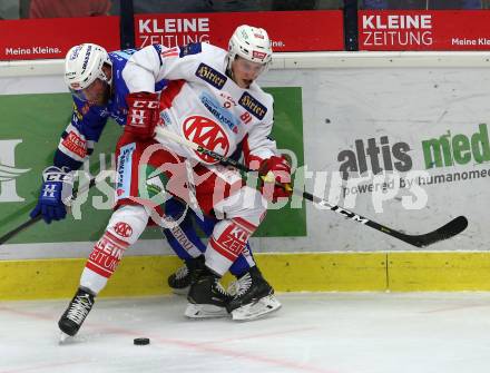 EBEL. Eishockey Bundesliga. EC VSV gegen KAC. Markus Schlacher,  (VSV), Marco Richter (KAC). Villach, am 7.10.2018.
Foto: Kuess 


---
pressefotos, pressefotografie, kuess, qs, qspictures, sport, bild, bilder, bilddatenbank
