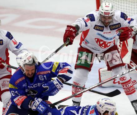 EBEL. Eishockey Bundesliga. EC VSV gegen KAC. Patrick Spannring, (VSV), David Joseph Fischer,  (KAC). Villach, am 7.10.2018.
Foto: Kuess 


---
pressefotos, pressefotografie, kuess, qs, qspictures, sport, bild, bilder, bilddatenbank