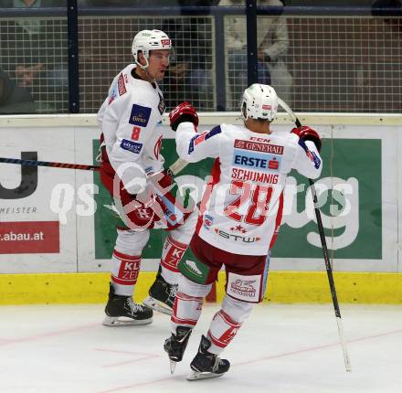 EBEL. Eishockey Bundesliga. EC VSV gegen KAC. Torjubel Nicholas Eric Petersen, Martin Schumnig (KAC). Villach, am 7.10.2018.
Foto: Kuess 


---
pressefotos, pressefotografie, kuess, qs, qspictures, sport, bild, bilder, bilddatenbank