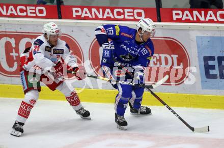 EBEL. Eishockey Bundesliga. EC VSV gegen KAC. Stefan Bacher, (VSV), Manuel Geier  (KAC). Villach, am 7.10.2018.
Foto: Kuess 


---
pressefotos, pressefotografie, kuess, qs, qspictures, sport, bild, bilder, bilddatenbank