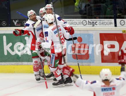 EBEL. Eishockey Bundesliga. EC VSV gegen KAC. Torjubel Nicholas Eric Petersen, Martin Schumnig, Thomas Koch, Charles Robin Gartner (KAC). Villach, am 7.10.2018.
Foto: Kuess 


---
pressefotos, pressefotografie, kuess, qs, qspictures, sport, bild, bilder, bilddatenbank