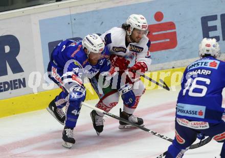 EBEL. Eishockey Bundesliga. EC VSV gegen KAC. Jamie Fraser,  (VSV), Marcel Witting (KAC). Villach, am 7.10.2018.
Foto: Kuess 


---
pressefotos, pressefotografie, kuess, qs, qspictures, sport, bild, bilder, bilddatenbank