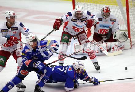 EBEL. Eishockey Bundesliga. EC VSV gegen KAC. Patrick Spannring, Philipp Wohlfahrt, (VSV), David Joseph Fischer, Adam Comrie, Lars Haugen (KAC). Villach, am 7.10.2018.
Foto: Kuess 


---
pressefotos, pressefotografie, kuess, qs, qspictures, sport, bild, bilder, bilddatenbank