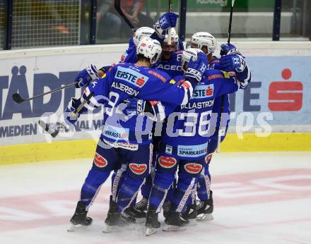 EBEL. Eishockey Bundesliga. EC VSV gegen KAC. Torjubel MacGregor Sharp, Patrick Spannring, Brandon Alderson, Jerry Pollastrone, Jamie Fraser (VSV). Villach, am 7.10.2018.
Foto: Kuess 


---
pressefotos, pressefotografie, kuess, qs, qspictures, sport, bild, bilder, bilddatenbank