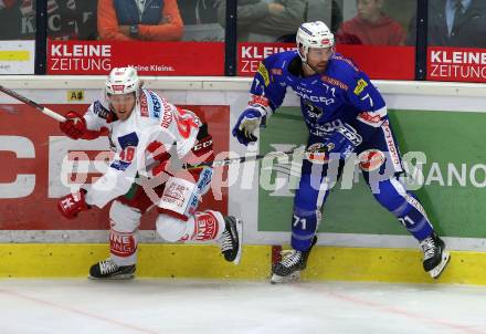EBEL. Eishockey Bundesliga. EC VSV gegen KAC. Jason Desantis, (VSV), Johannes Bischofberger  (KAC). Villach, am 7.10.2018.
Foto: Kuess 


---
pressefotos, pressefotografie, kuess, qs, qspictures, sport, bild, bilder, bilddatenbank