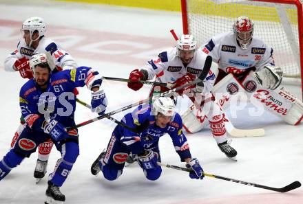 EBEL. Eishockey Bundesliga. EC VSV gegen KAC. Patrick Spannring, Philipp Wohlfahrt, (VSV), David Joseph Fischer, Adam Comrie, Lars Haugen (KAC). Villach, am 7.10.2018.
Foto: Kuess 


---
pressefotos, pressefotografie, kuess, qs, qspictures, sport, bild, bilder, bilddatenbank