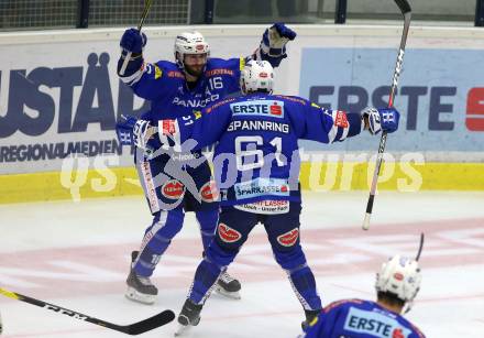 EBEL. Eishockey Bundesliga. EC VSV gegen KAC. Torjubel MacGregor Sharp, Patrick Spannring (VSV). Villach, am 7.10.2018.
Foto: Kuess 


---
pressefotos, pressefotografie, kuess, qs, qspictures, sport, bild, bilder, bilddatenbank