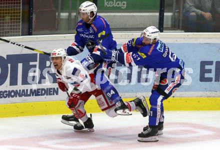 EBEL. Eishockey Bundesliga. EC VSV gegen KAC. Brandon Alderson, Patrick Spannring,  (VSV), Charles Robin Gartner (KAC). Villach, am 7.10.2018.
Foto: Kuess 


---
pressefotos, pressefotografie, kuess, qs, qspictures, sport, bild, bilder, bilddatenbank