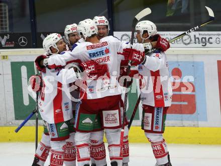EBEL. Eishockey Bundesliga. EC VSV gegen KAC. Torjubel Nicholas Eric Petersen, Martin Schumnig, Thomas Koch, Charles Robin Gartner, David Joseph Fischer (KAC). Villach, am 7.10.2018.
Foto: Kuess 


---
pressefotos, pressefotografie, kuess, qs, qspictures, sport, bild, bilder, bilddatenbank