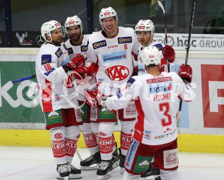 EBEL. Eishockey Bundesliga. EC VSV gegen KAC. Torjubel Nicholas Eric Petersen, Martin Schumnig, Thomas Koch, Charles Robin Gartner, David Joseph Fischer (KAC). Villach, am 7.10.2018.
Foto: Kuess 


---
pressefotos, pressefotografie, kuess, qs, qspictures, sport, bild, bilder, bilddatenbank