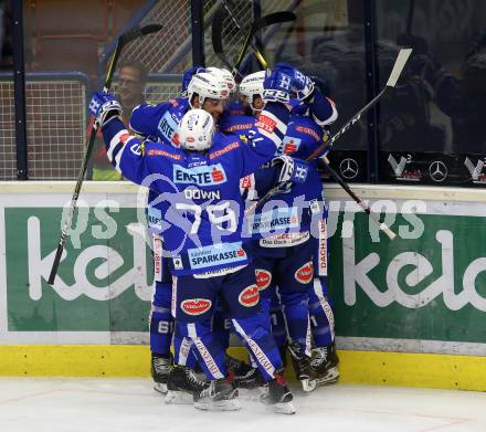 EBEL. Eishockey Bundesliga. EC VSV gegen KAC.  Torjubel  Stefan Bacher, MacGregor Sharp, Jason Desantis, Patrick Spannring, Blaine Down (VSV). Villach, am 7.10.2018.
Foto: Kuess 


---
pressefotos, pressefotografie, kuess, qs, qspictures, sport, bild, bilder, bilddatenbank