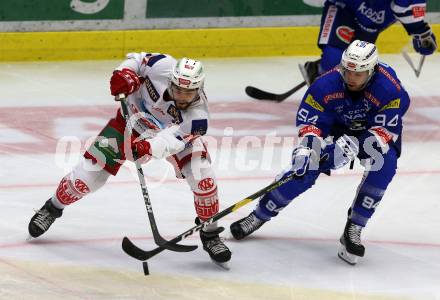 EBEL. Eishockey Bundesliga. EC VSV gegen KAC. Brandon Alderson,  (VSV), Steven Strong (KAC). Villach, am 7.10.2018.
Foto: Kuess 


---
pressefotos, pressefotografie, kuess, qs, qspictures, sport, bild, bilder, bilddatenbank