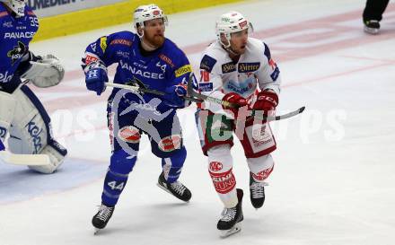 EBEL. Eishockey Bundesliga. EC VSV gegen KAC. Jamie Fraser,  (VSV), Mitch Wahl (KAC). Villach, am 7.10.2018.
Foto: Kuess 


---
pressefotos, pressefotografie, kuess, qs, qspictures, sport, bild, bilder, bilddatenbank