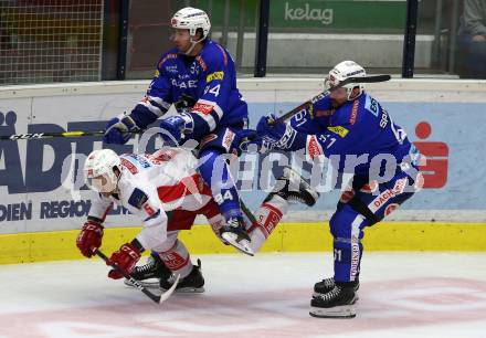 EBEL. Eishockey Bundesliga. EC VSV gegen KAC. Brandon Alderson, Patrick Spannring,  (VSV), Charles Robin Gartner (KAC). Villach, am 7.10.2018.
Foto: Kuess 


---
pressefotos, pressefotografie, kuess, qs, qspictures, sport, bild, bilder, bilddatenbank
