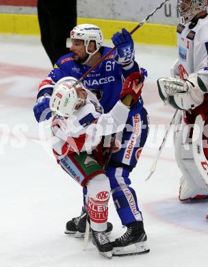 EBEL. Eishockey Bundesliga. EC VSV gegen KAC. Patrick Spannring,  (VSV), Charles Robin Gartner (KAC). Villach, am 7.10.2018.
Foto: Kuess 


---
pressefotos, pressefotografie, kuess, qs, qspictures, sport, bild, bilder, bilddatenbank