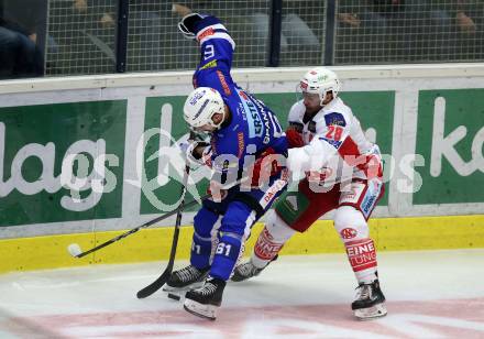 EBEL. Eishockey Bundesliga. EC VSV gegen KAC. Patrick Spannring,  (VSV), Martin Schumnig (KAC). Villach, am 7.10.2018.
Foto: Kuess 


---
pressefotos, pressefotografie, kuess, qs, qspictures, sport, bild, bilder, bilddatenbank