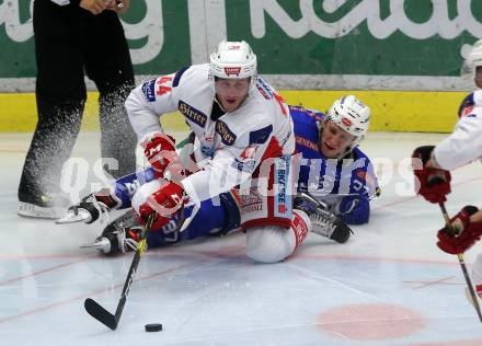 EBEL. Eishockey Bundesliga. EC VSV gegen KAC. Christof Kromp,  (VSV), Adam Comrie (KAC). Villach, am 7.10.2018.
Foto: Kuess 


---
pressefotos, pressefotografie, kuess, qs, qspictures, sport, bild, bilder, bilddatenbank