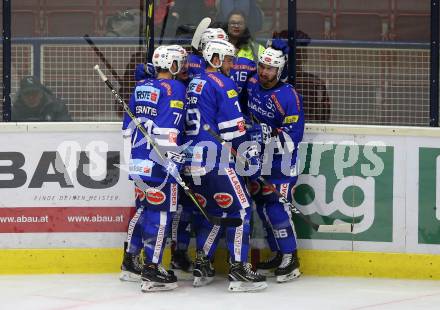 EBEL. Eishockey Bundesliga. EC VSV gegen Fehervar AV 19. Torjubel Jerry Pollastrone, Alexander Lahoda, MacGregor Sharp, Jason Desantis, Stefan Bacher (VSV). Villach, am 12.10.2018.
Foto: Kuess 


---
pressefotos, pressefotografie, kuess, qs, qspictures, sport, bild, bilder, bilddatenbank