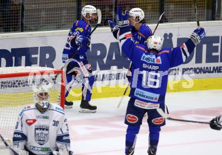 EBEL. Eishockey Bundesliga. EC VSV gegen Fehervar AV 19. Torjubel Jerry Pollastrone, Alexander Lahoda, MacGregor Sharp (VSV). Villach, am 12.10.2018.
Foto: Kuess 


---
pressefotos, pressefotografie, kuess, qs, qspictures, sport, bild, bilder, bilddatenbank