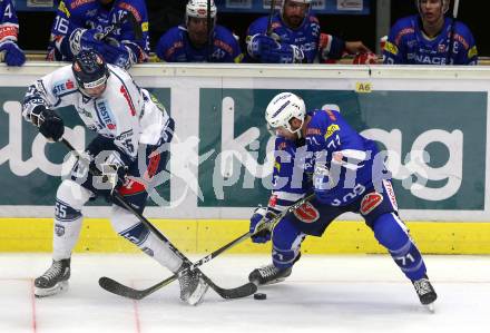 EBEL. Eishockey Bundesliga. EC VSV gegen Fehervar AV 19. Jason Desantis, (VSV), Andrew Sarauer  (Alba Volan). Villach, am 12.10.2018.
Foto: Kuess 


---
pressefotos, pressefotografie, kuess, qs, qspictures, sport, bild, bilder, bilddatenbank