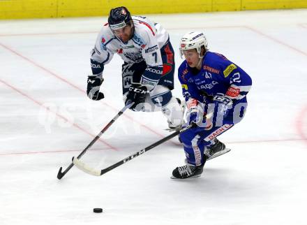 EBEL. Eishockey Bundesliga. EC VSV gegen Fehervar AV 19. Benjamin Lanzinger, (VSV), Zack Philips  (Alba Volan). Villach, am 12.10.2018.
Foto: Kuess 


---
pressefotos, pressefotografie, kuess, qs, qspictures, sport, bild, bilder, bilddatenbank