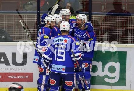 EBEL. Eishockey Bundesliga. EC VSV gegen Fehervar AV 19. Torjubel Jerry Pollastrone, Alexander Lahoda, MacGregor Sharp, Jason Desantis, Stefan Bacher (VSV). Villach, am 12.10.2018.
Foto: Kuess 


---
pressefotos, pressefotografie, kuess, qs, qspictures, sport, bild, bilder, bilddatenbank